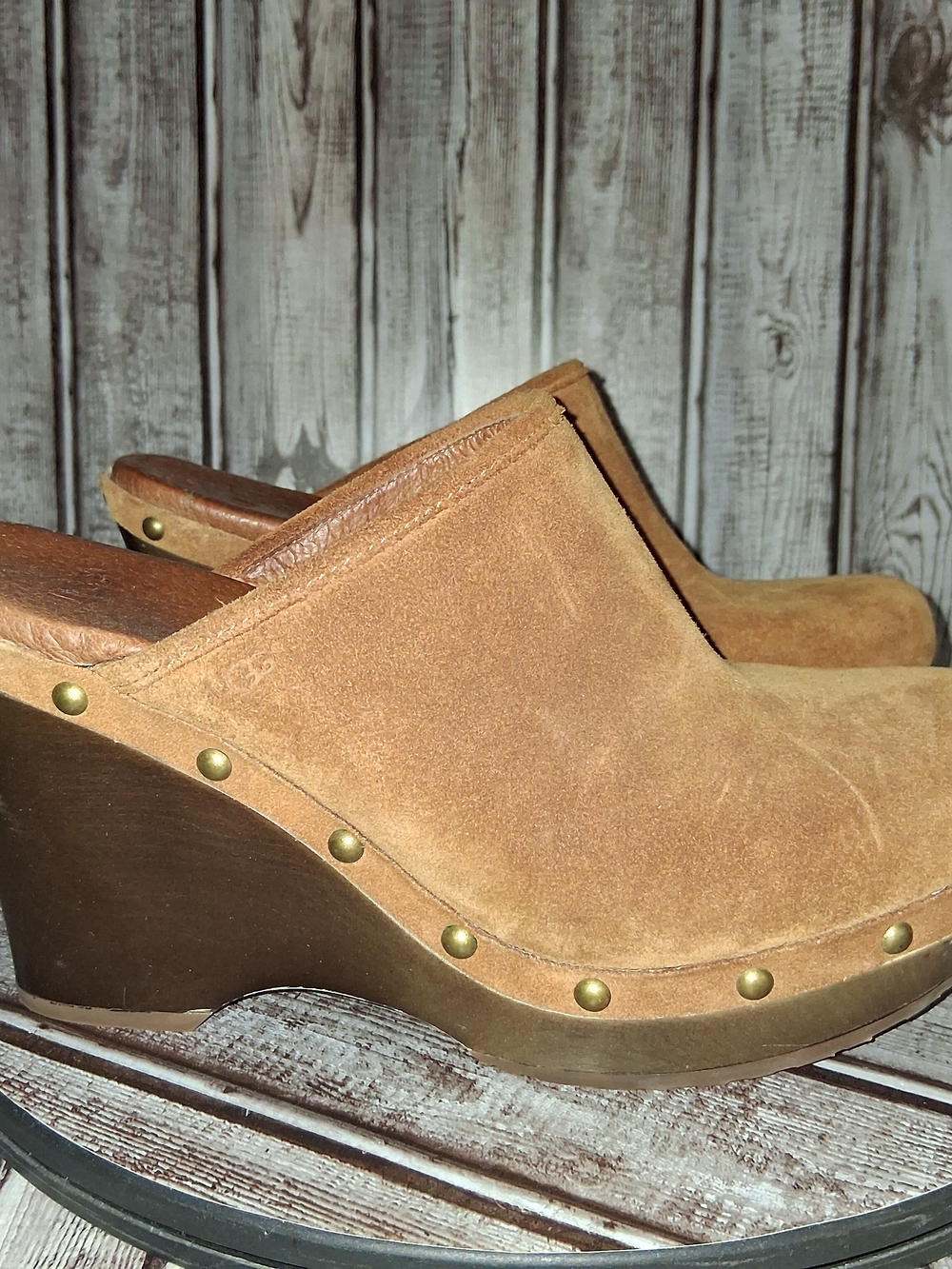 UGG Tan Suede Studded Wedge Clogs